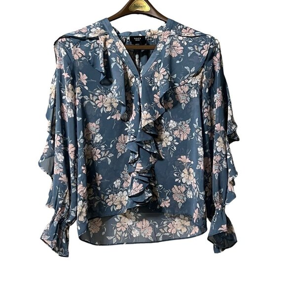VICI Womens Size Small Blue Long Ruffle Sleeve Boho‎ Floral Blouse Peasant City - Picture 1 of 10